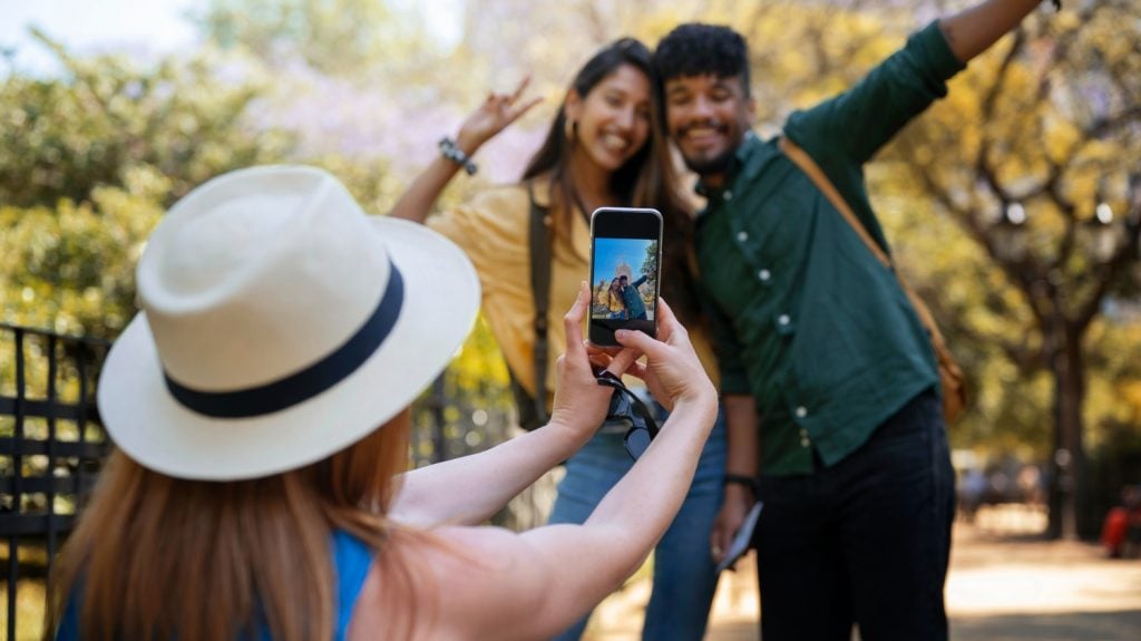 side view woman taking photos with friends with photo editing app