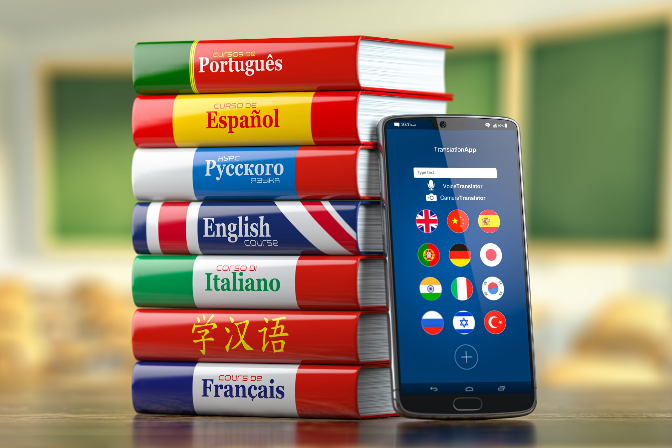 Mobile dictionary, translator and e-learning.concept . Learning languages online. Smartphone and books with language courses. 3d illustration