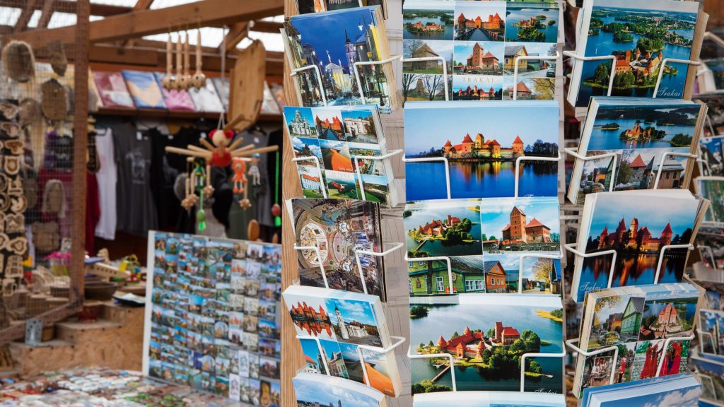 Postcards on racks with views of Trakai castle