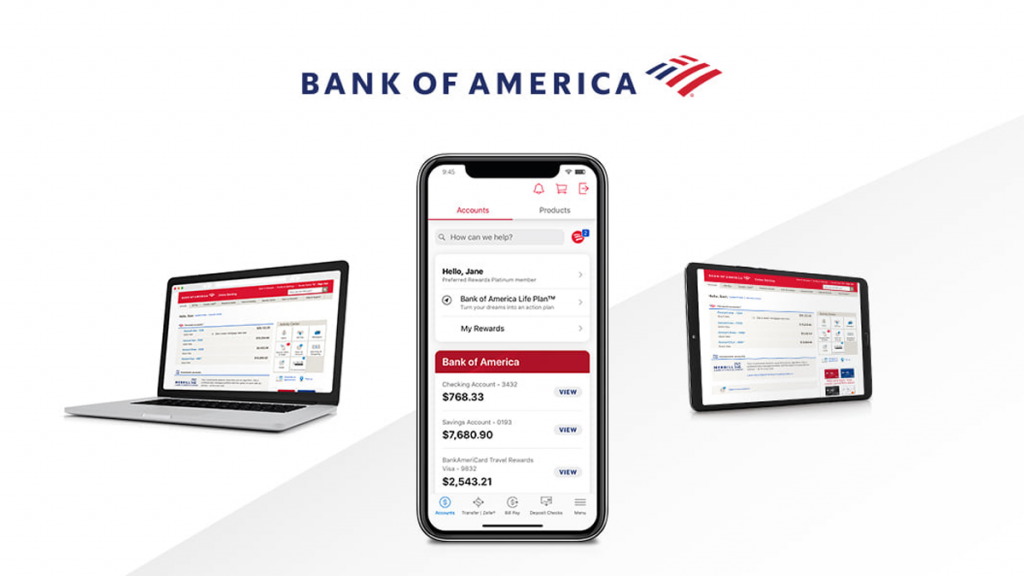 mobile, laptop and tablet logged into a Bank of America account